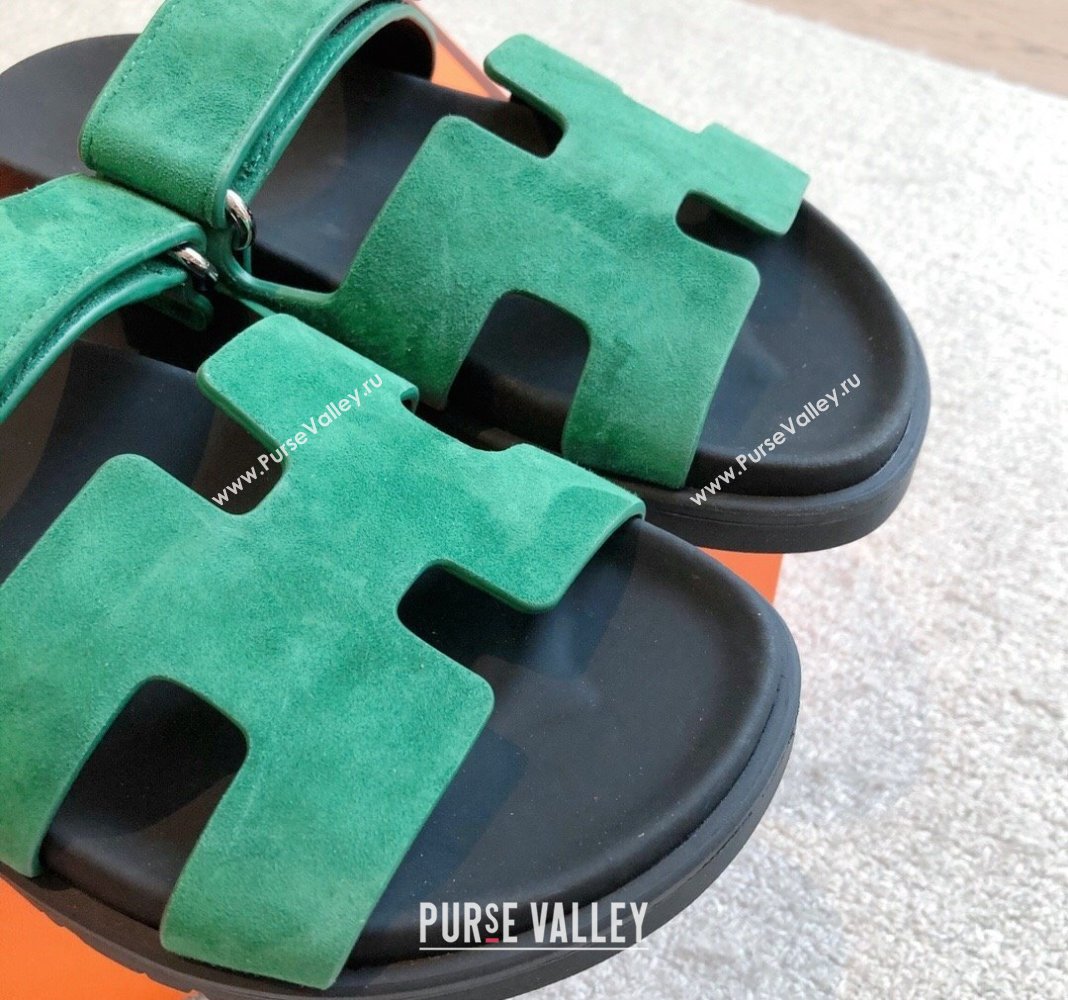 Hermes Chypre Flat Sandals in Suede Green 2024 042509 (XC-240425156)