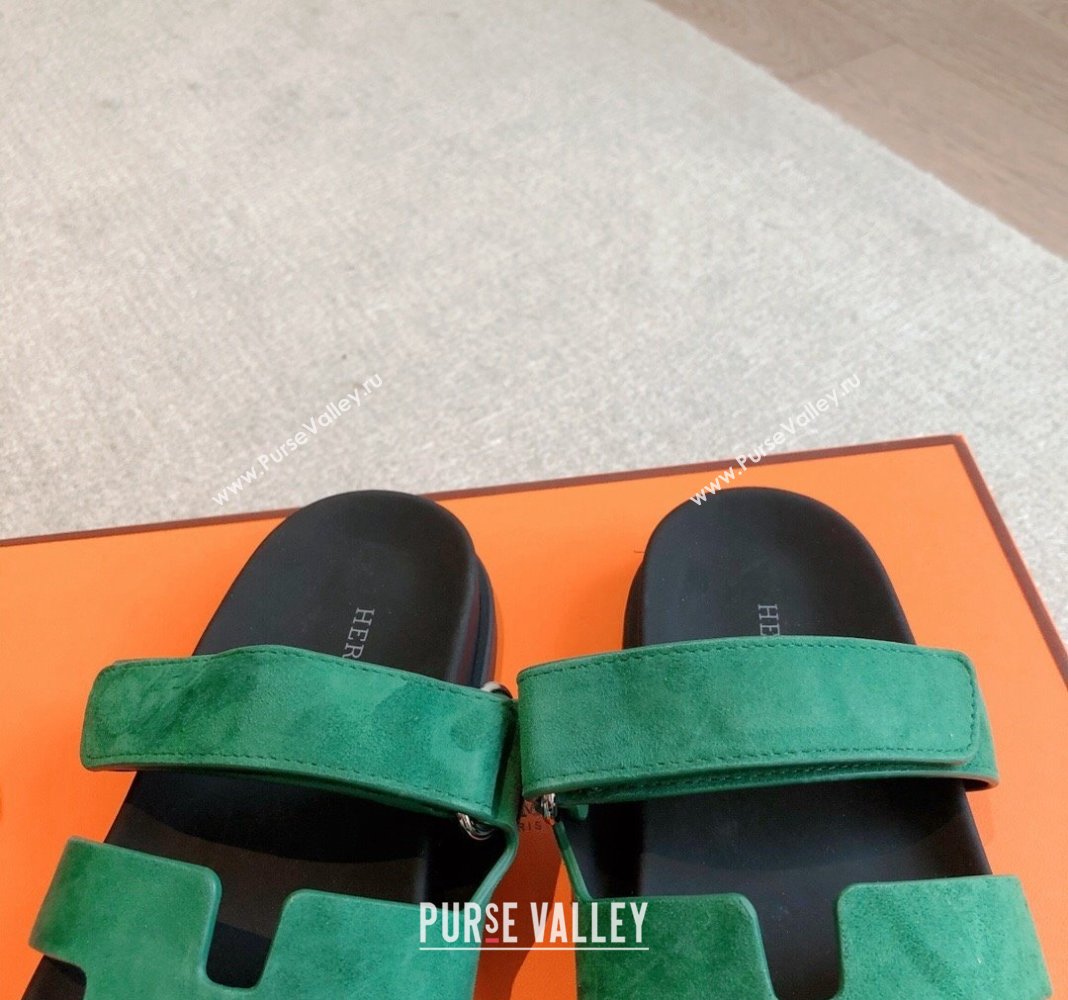 Hermes Chypre Flat Sandals in Suede Green 2024 042509 (XC-240425156)