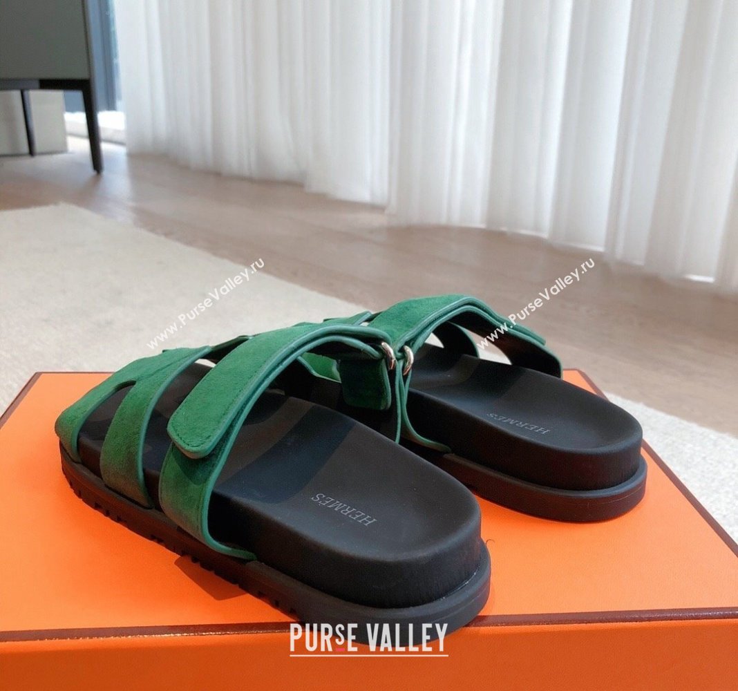 Hermes Chypre Flat Sandals in Suede Green 2024 042509 (XC-240425156)