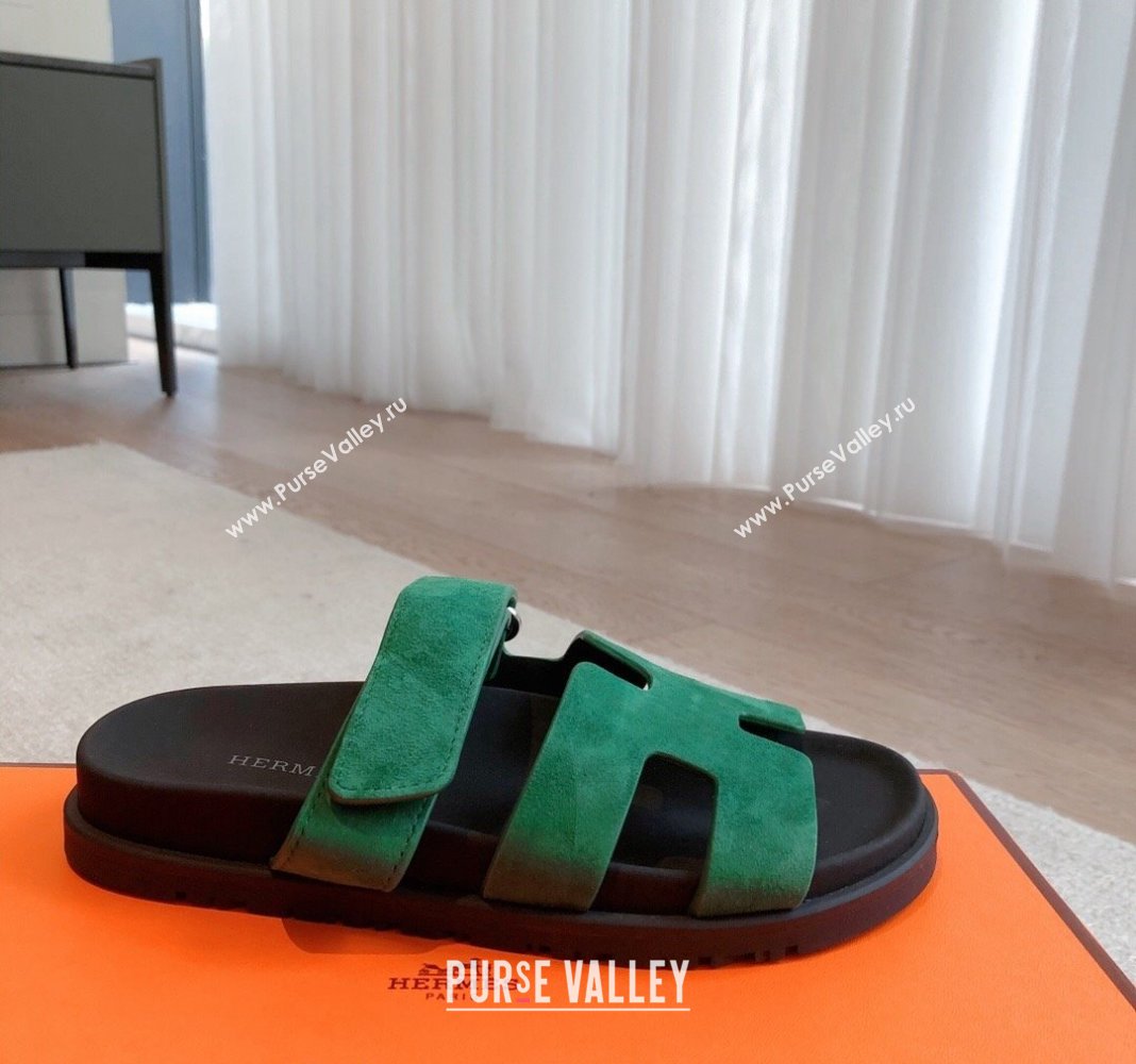 Hermes Chypre Flat Sandals in Suede Green 2024 042509 (XC-240425156)