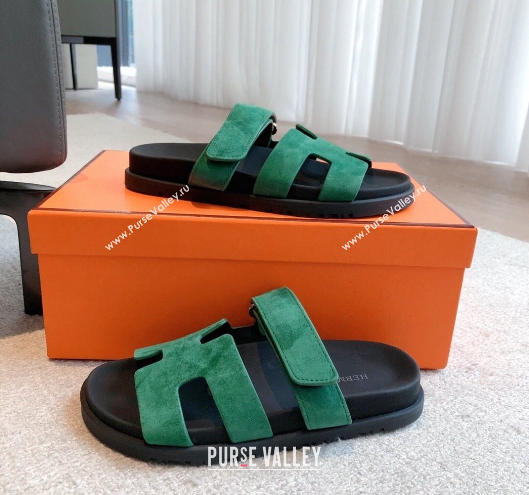 Hermes Chypre Flat Sandals in Suede Green 2024 042509 (XC-240425156)