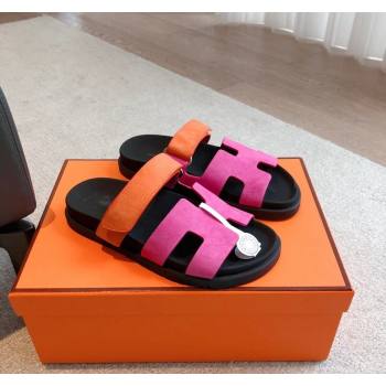 Hermes Chypre Flat Sandals in Suede Pink/Orange 2024 042511 (XC-240425158)