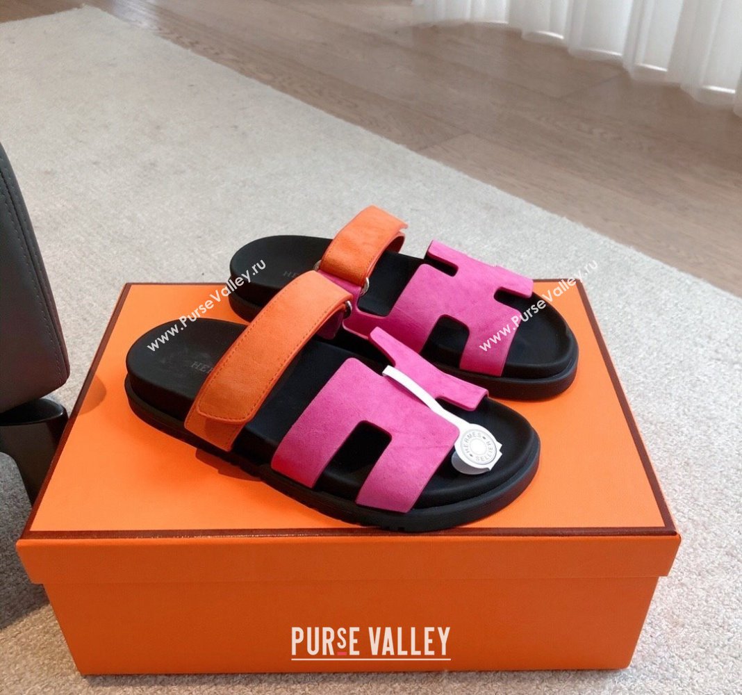 Hermes Chypre Flat Sandals in Suede Pink/Orange 2024 042511 (XC-240425158)