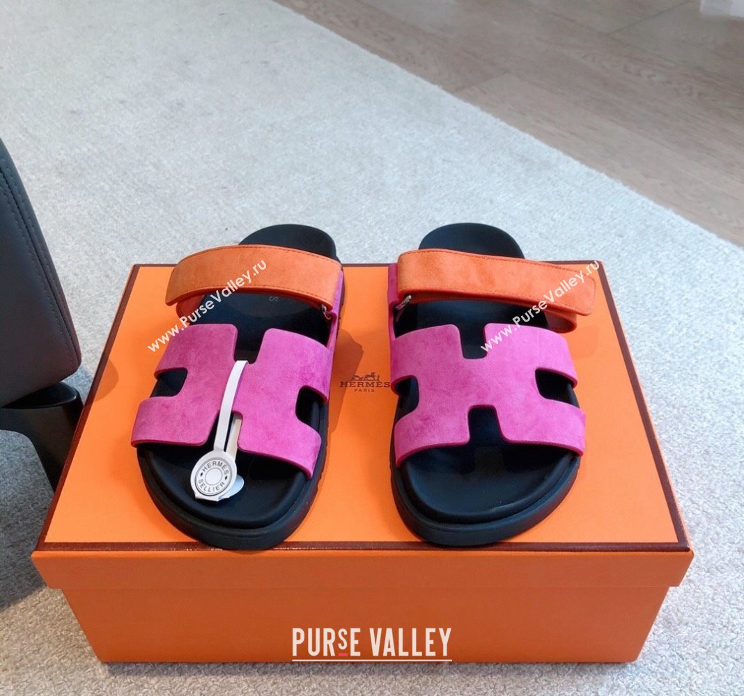 Hermes Chypre Flat Sandals in Suede Pink/Orange 2024 042511 (XC-240425158)