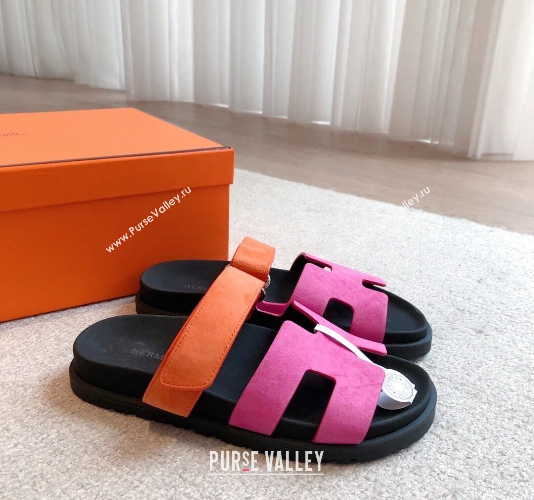 Hermes Chypre Flat Sandals in Suede Pink/Orange 2024 042511 (XC-240425158)