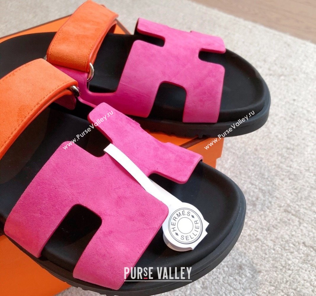 Hermes Chypre Flat Sandals in Suede Pink/Orange 2024 042511 (XC-240425158)