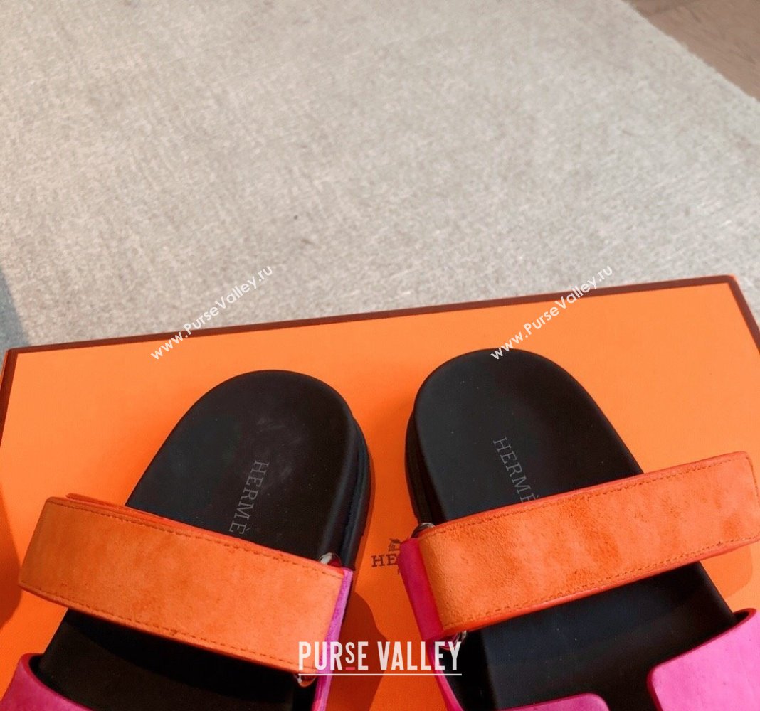 Hermes Chypre Flat Sandals in Suede Pink/Orange 2024 042511 (XC-240425158)