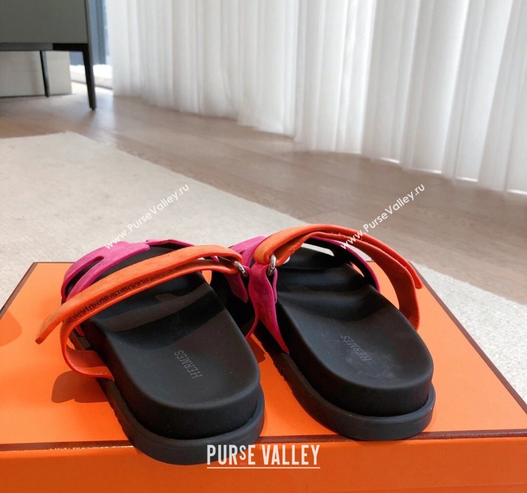Hermes Chypre Flat Sandals in Suede Pink/Orange 2024 042511 (XC-240425158)