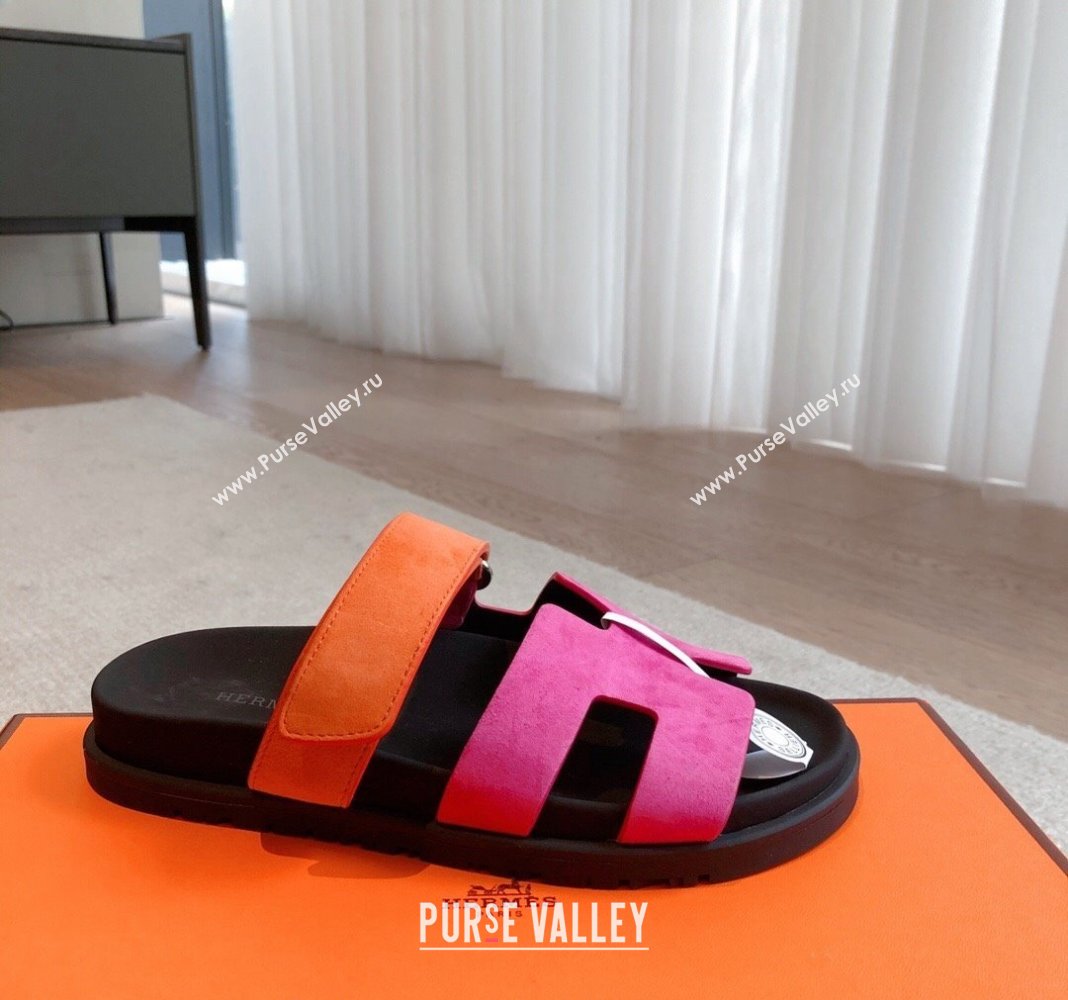Hermes Chypre Flat Sandals in Suede Pink/Orange 2024 042511 (XC-240425158)