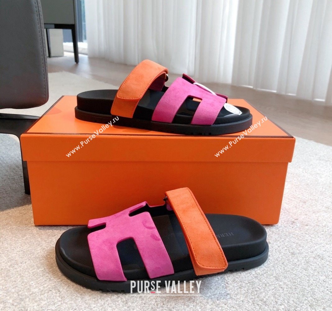 Hermes Chypre Flat Sandals in Suede Pink/Orange 2024 042511 (XC-240425158)