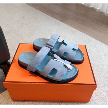 Hermes Chypre Flat Sandals in Suede Light Blue 2024 042513 (XC-240425160)