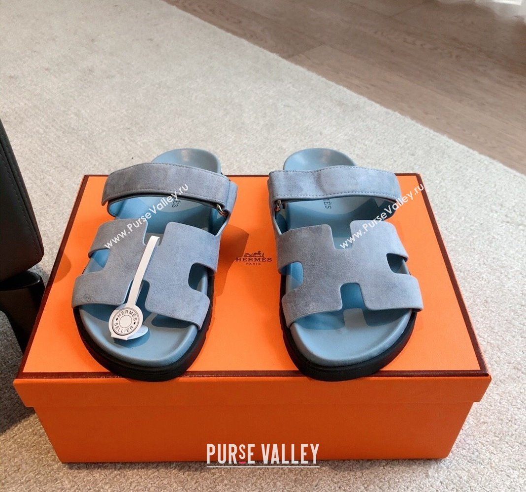 Hermes Chypre Flat Sandals in Suede Light Blue 2024 042513 (XC-240425160)