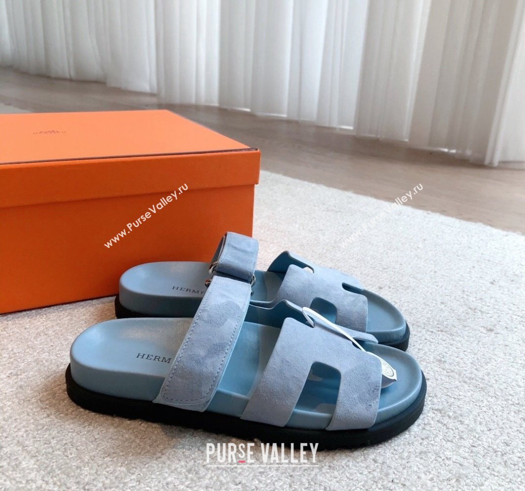 Hermes Chypre Flat Sandals in Suede Light Blue 2024 042513 (XC-240425160)