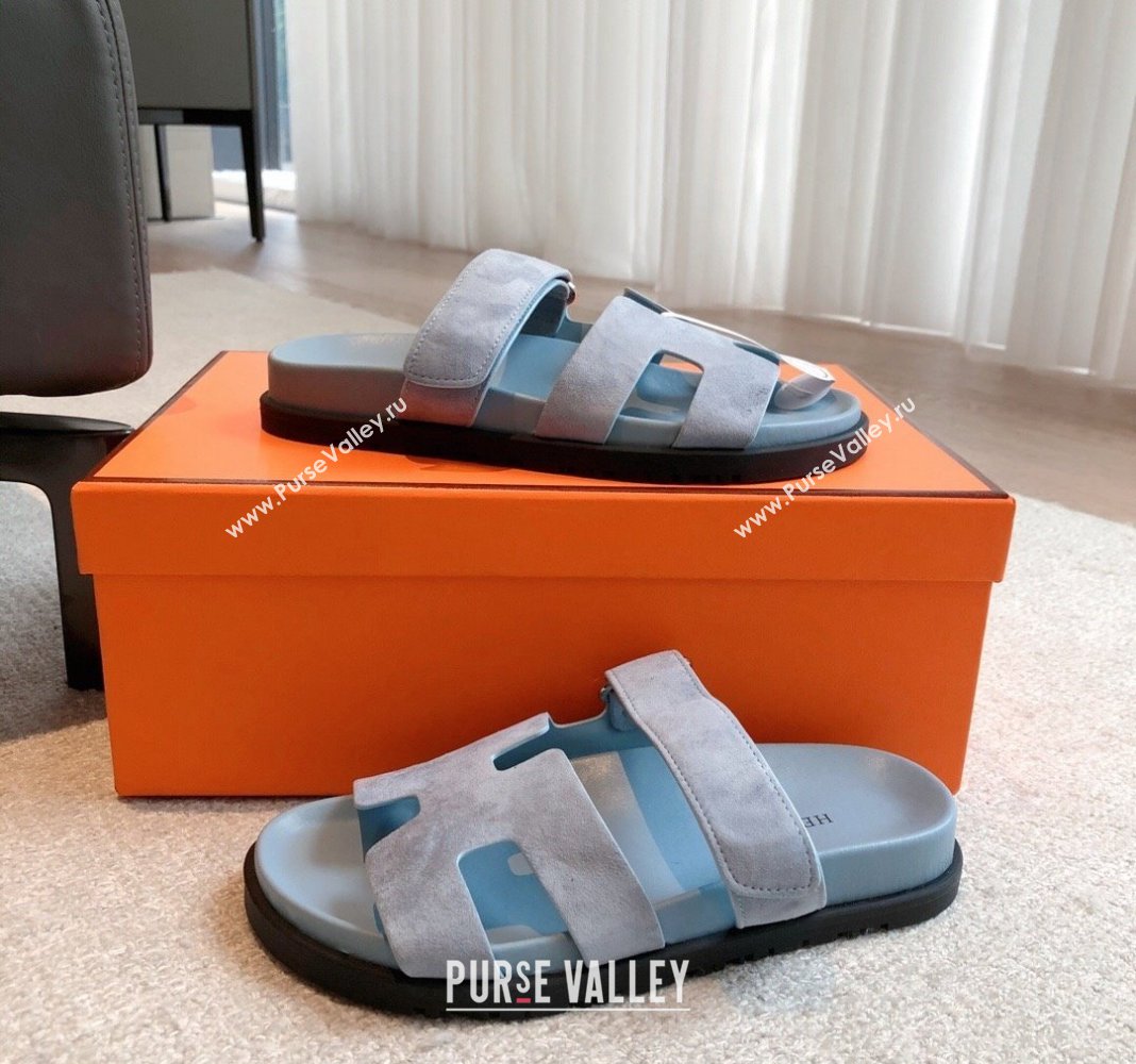Hermes Chypre Flat Sandals in Suede Light Blue 2024 042513 (XC-240425160)