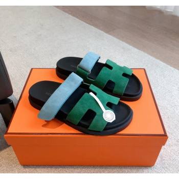 Hermes Chypre Flat Sandals in Suede Blue/Green 2024 042514 (XC-240425161)