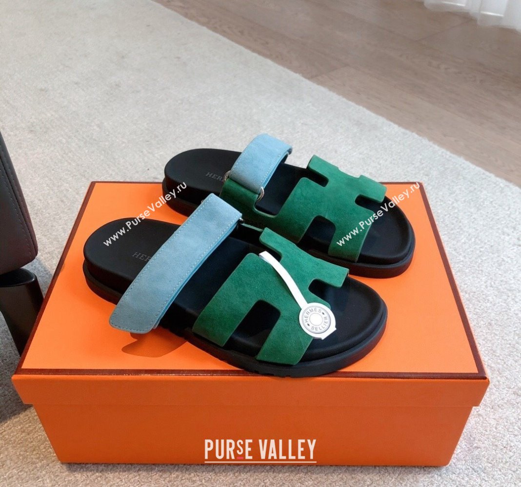 Hermes Chypre Flat Sandals in Suede Blue/Green 2024 042514 (XC-240425161)