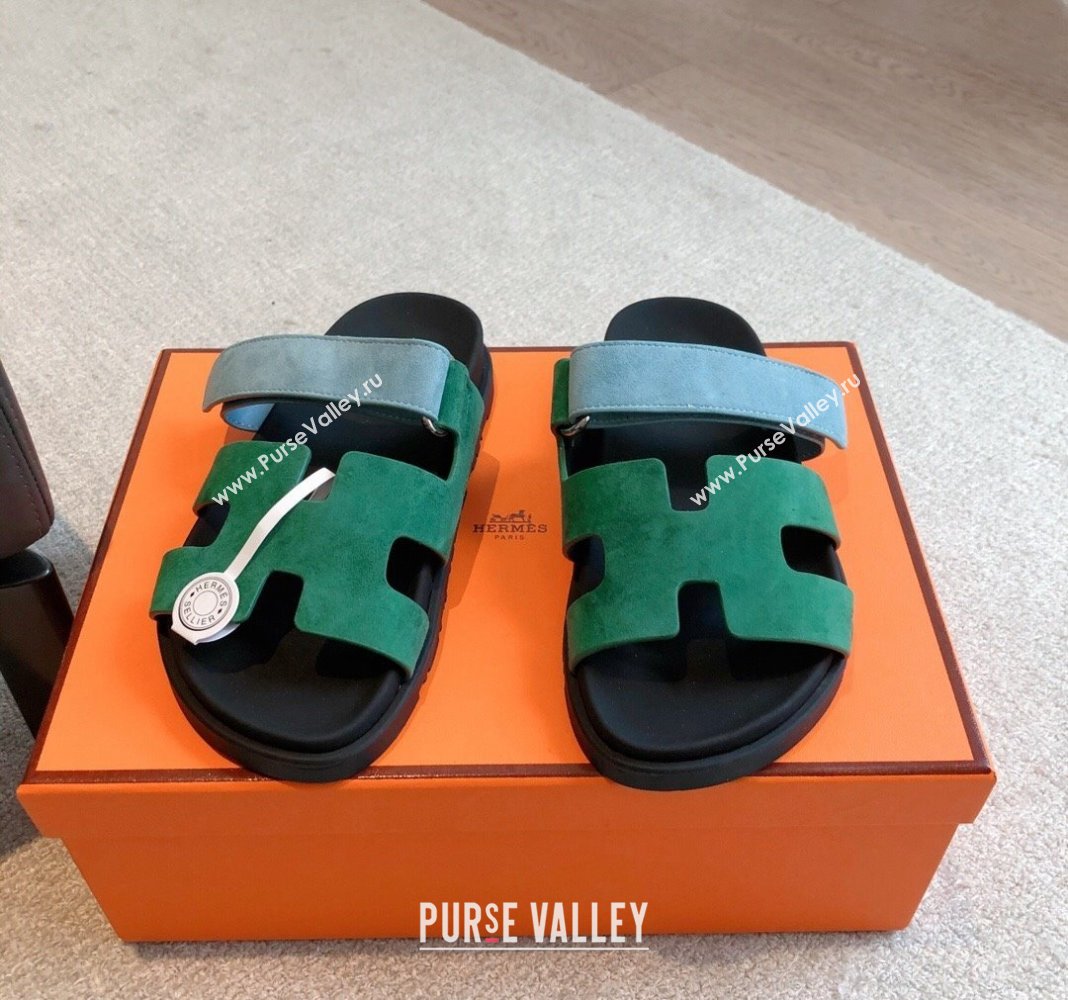 Hermes Chypre Flat Sandals in Suede Blue/Green 2024 042514 (XC-240425161)