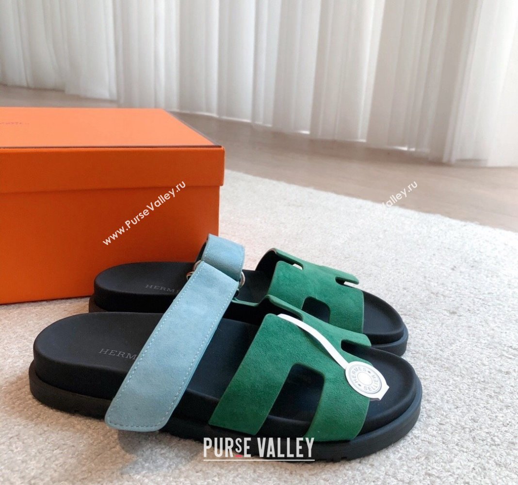 Hermes Chypre Flat Sandals in Suede Blue/Green 2024 042514 (XC-240425161)
