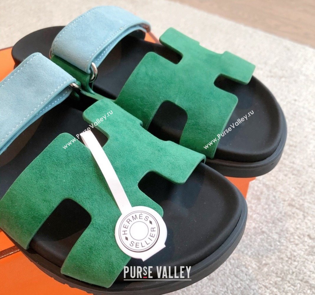 Hermes Chypre Flat Sandals in Suede Blue/Green 2024 042514 (XC-240425161)