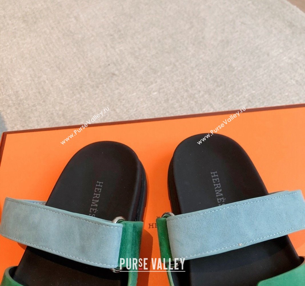Hermes Chypre Flat Sandals in Suede Blue/Green 2024 042514 (XC-240425161)