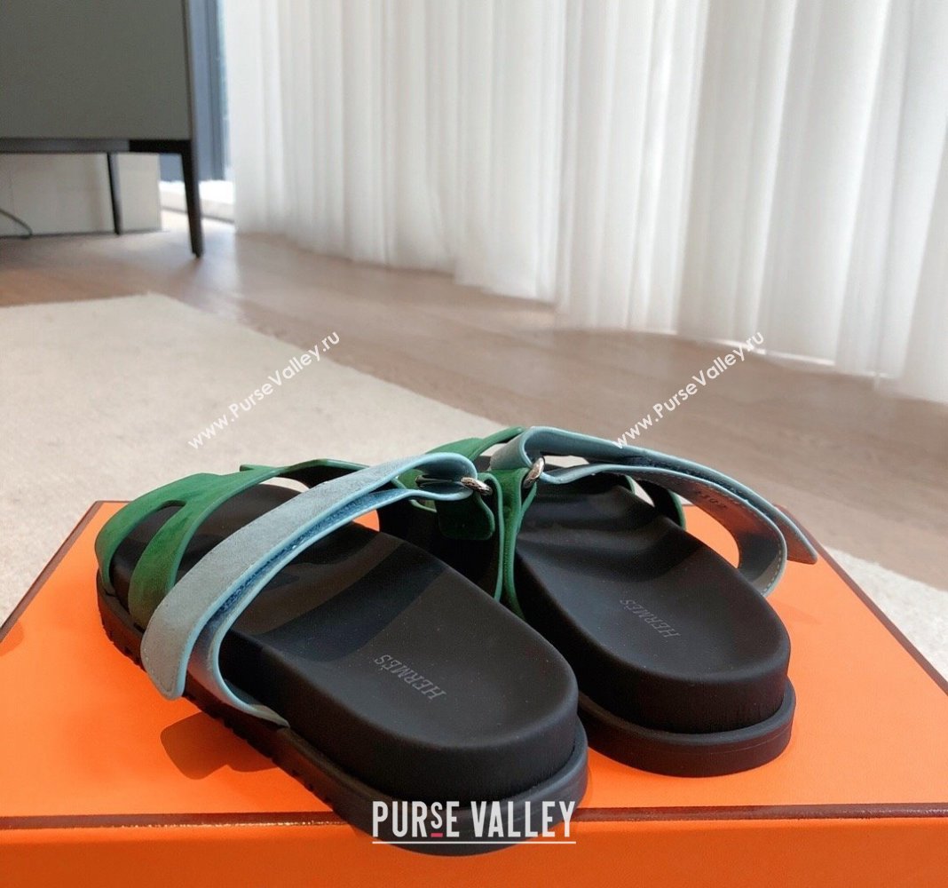 Hermes Chypre Flat Sandals in Suede Blue/Green 2024 042514 (XC-240425161)