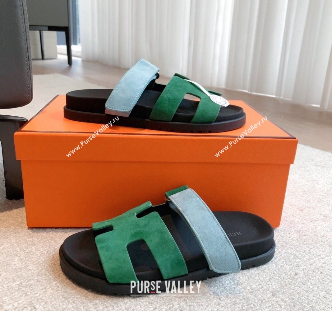 Hermes Chypre Flat Sandals in Suede Blue/Green 2024 042514 (XC-240425161)