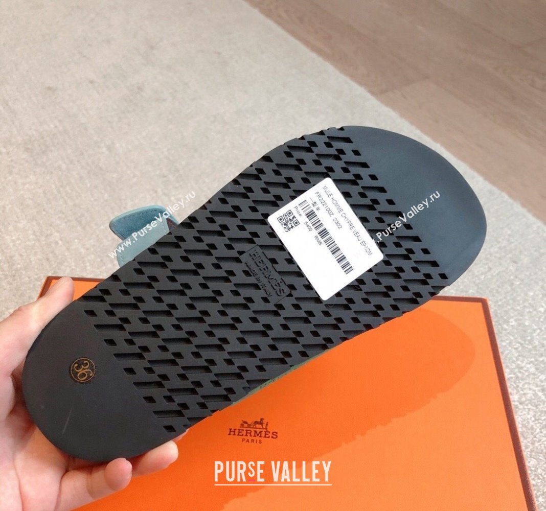 Hermes Chypre Flat Sandals in Suede Blue/Green 2024 042514 (XC-240425161)