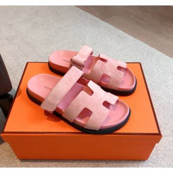 Hermes Chypre Flat Sandals in Suede Pink 2024 042515 (XC-240425162)