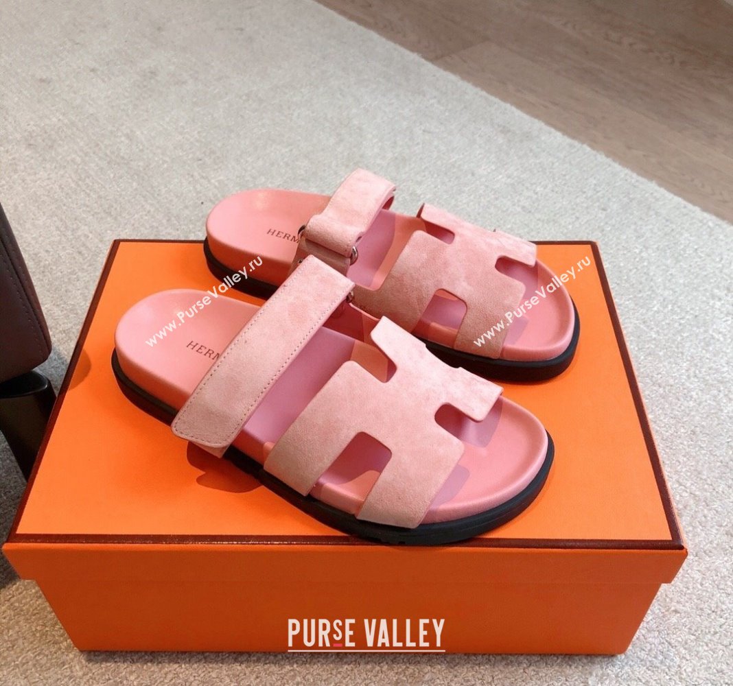 Hermes Chypre Flat Sandals in Suede Pink 2024 042515 (XC-240425162)