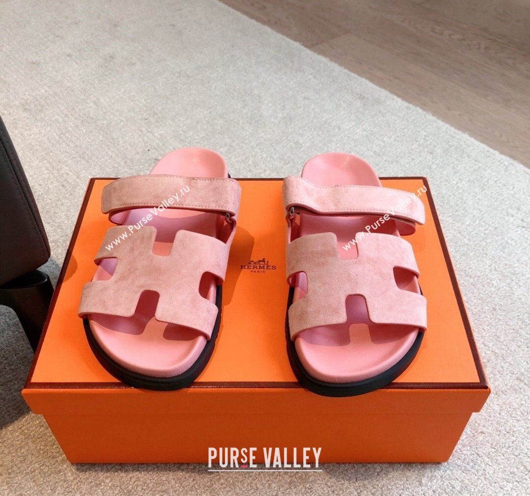 Hermes Chypre Flat Sandals in Suede Pink 2024 042515 (XC-240425162)