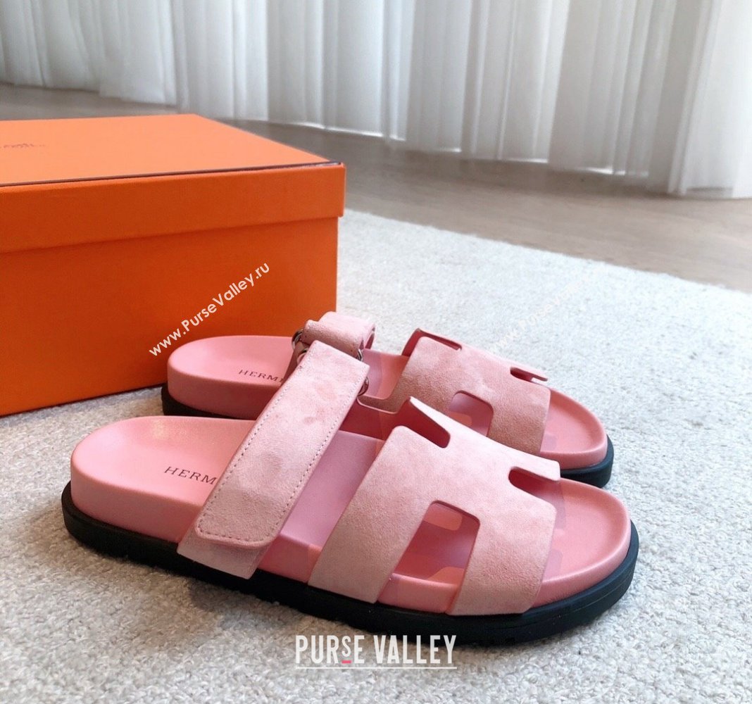 Hermes Chypre Flat Sandals in Suede Pink 2024 042515 (XC-240425162)