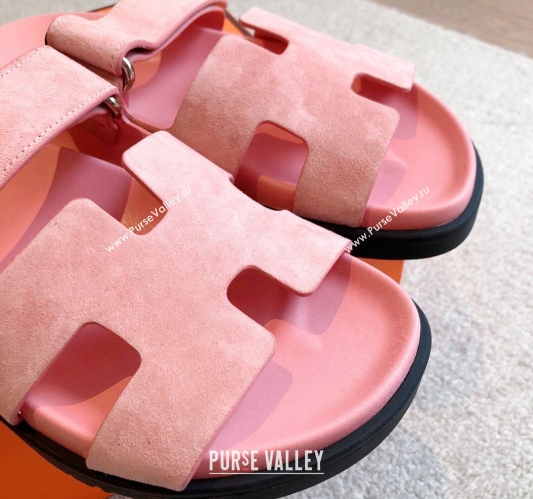 Hermes Chypre Flat Sandals in Suede Pink 2024 042515 (XC-240425162)
