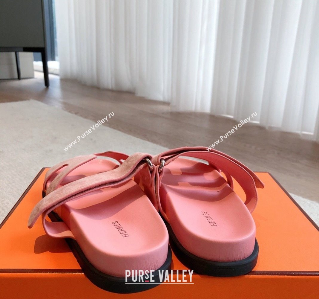 Hermes Chypre Flat Sandals in Suede Pink 2024 042515 (XC-240425162)