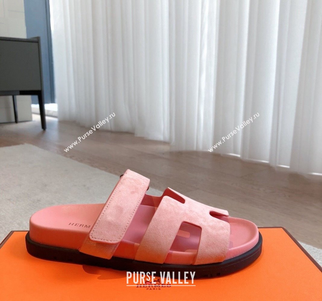 Hermes Chypre Flat Sandals in Suede Pink 2024 042515 (XC-240425162)