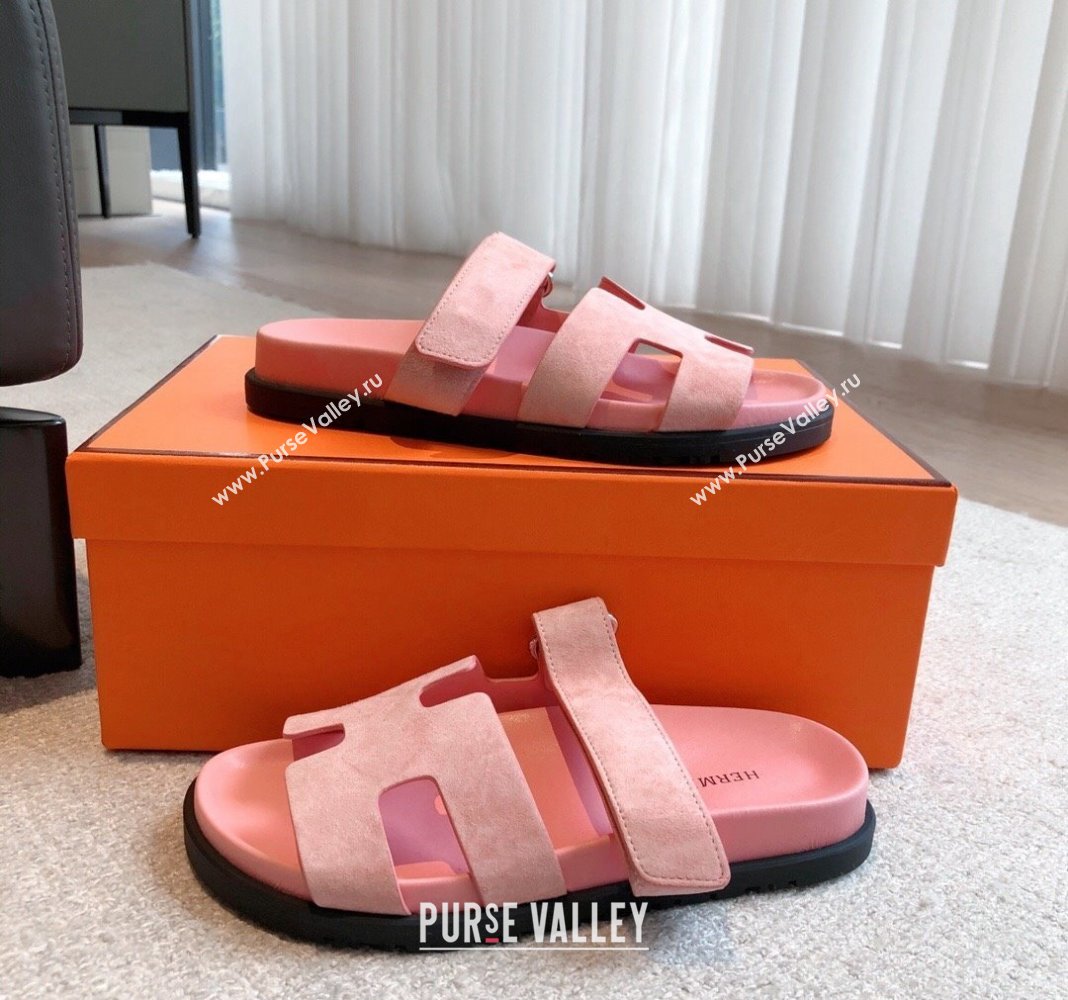 Hermes Chypre Flat Sandals in Suede Pink 2024 042515 (XC-240425162)