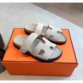 Hermes Chypre Flat Sandals in Suede Light Grey 2024 042516 (XC-240425163)