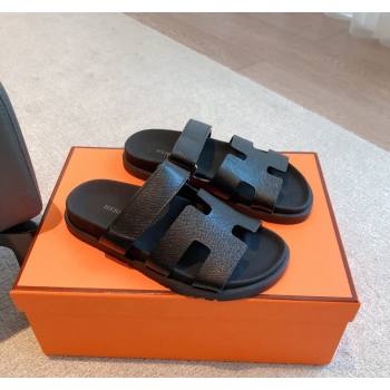 Hermes Chypre Flat Sandals in Palm-Grained Calfskin Black/Silver 2024 04250 (XC-240425165)