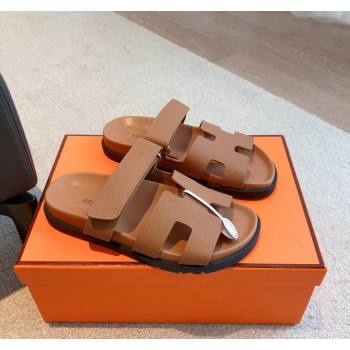 Hermes Chypre Flat Sandals in Palm-Grained Calfskin Brown/Silver 2024 04250 (XC-240425169)
