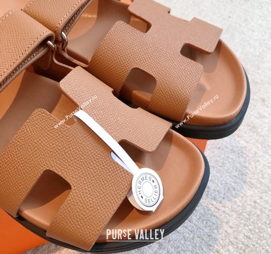 Hermes Chypre Flat Sandals in Palm-Grained Calfskin Brown/Silver 2024 04250 (XC-240425169)