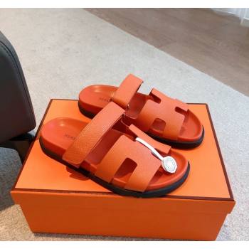 Hermes Chypre Flat Sandals in Palm-Grained Calfskin Orange 2024 04250 (XC-240425170)