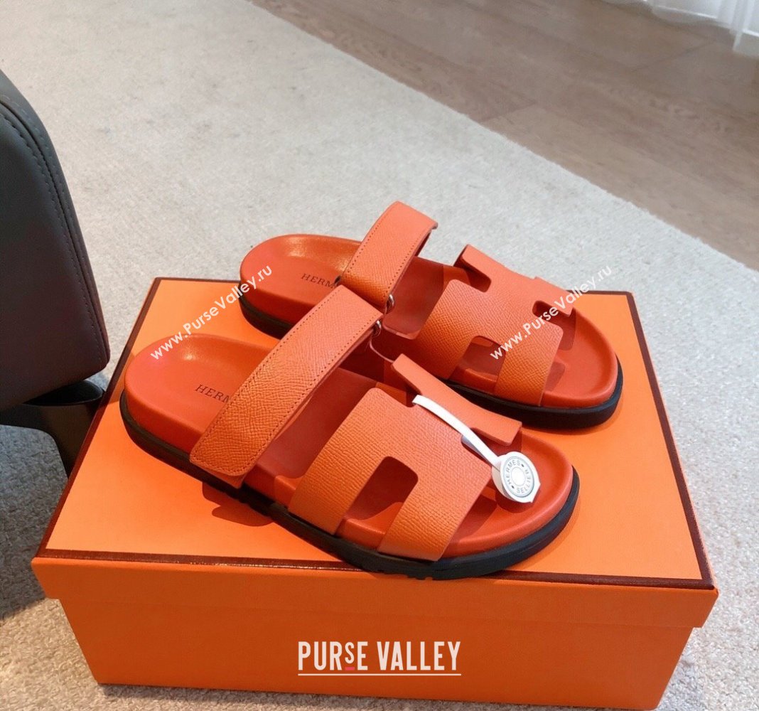 Hermes Chypre Flat Sandals in Palm-Grained Calfskin Orange 2024 04250 (XC-240425170)