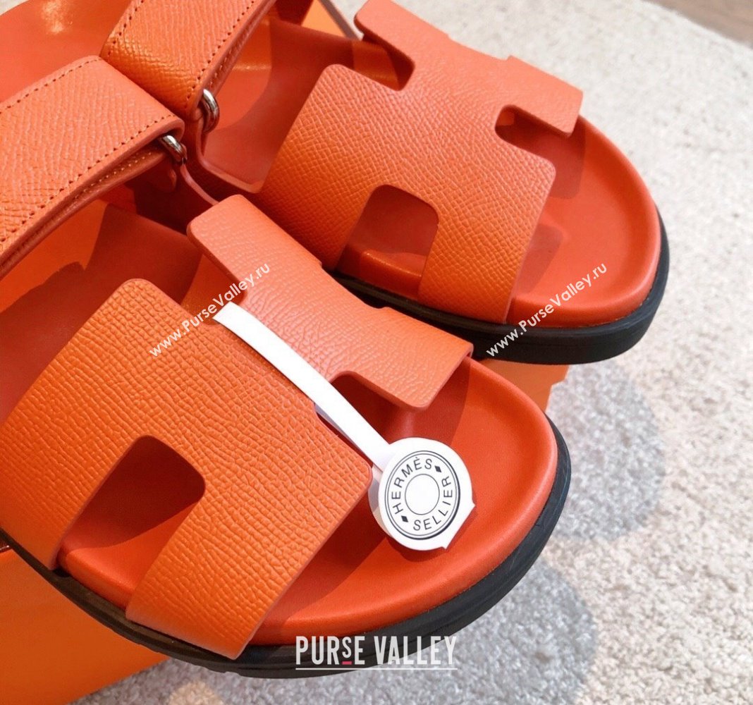 Hermes Chypre Flat Sandals in Palm-Grained Calfskin Orange 2024 04250 (XC-240425170)