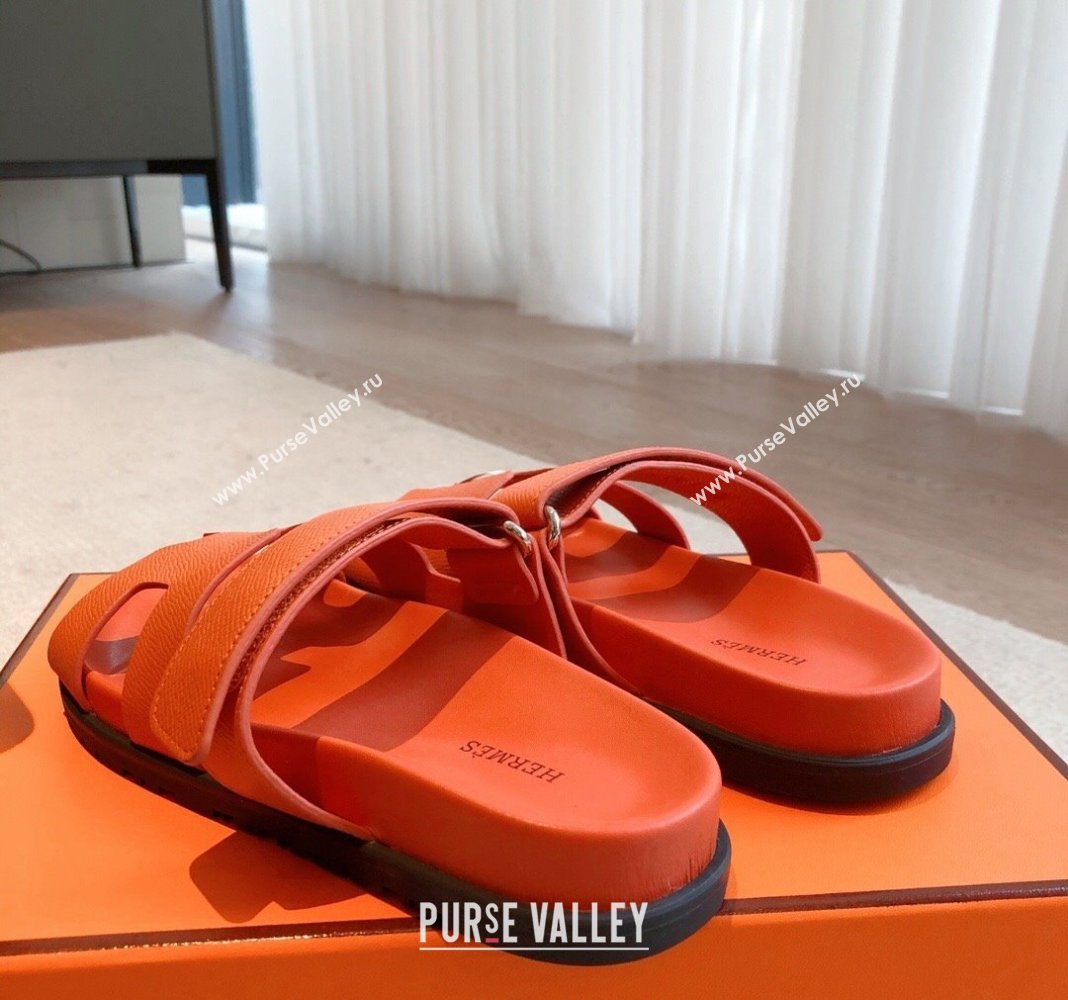 Hermes Chypre Flat Sandals in Palm-Grained Calfskin Orange 2024 04250 (XC-240425170)