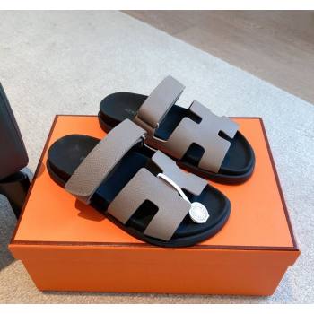 Hermes Chypre Flat Sandals in Palm-Grained Calfskin Grey 2024 04250 (XC-240425171)