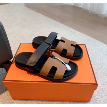 Hermes Chypre Flat Sandals in Smooth Calfskin Brown/Black 2024 0425 (XC-240425172)