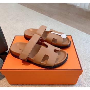 Hermes Chypre Flat Sandals in Smooth Calfskin Brown/Silver 2024 0425 (XC-240425175)