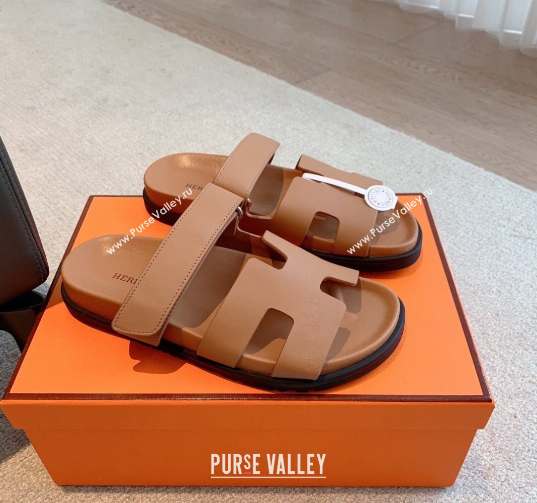 Hermes Chypre Flat Sandals in Smooth Calfskin Brown/Silver 2024 0425 (XC-240425175)