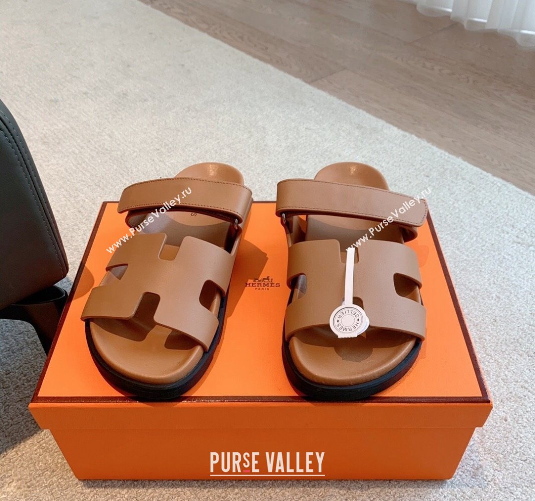 Hermes Chypre Flat Sandals in Smooth Calfskin Brown/Silver 2024 0425 (XC-240425175)
