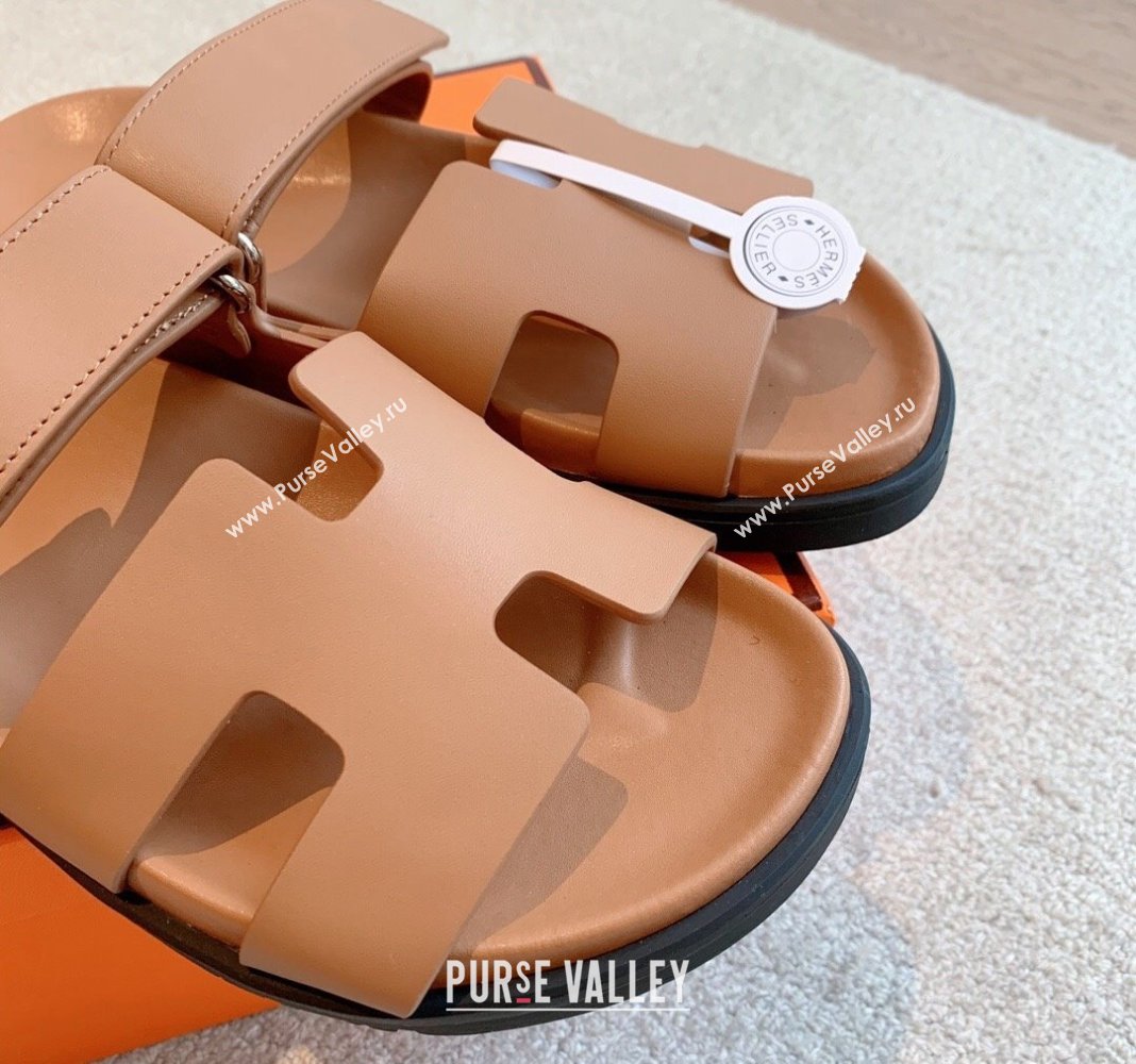 Hermes Chypre Flat Sandals in Smooth Calfskin Brown/Silver 2024 0425 (XC-240425175)