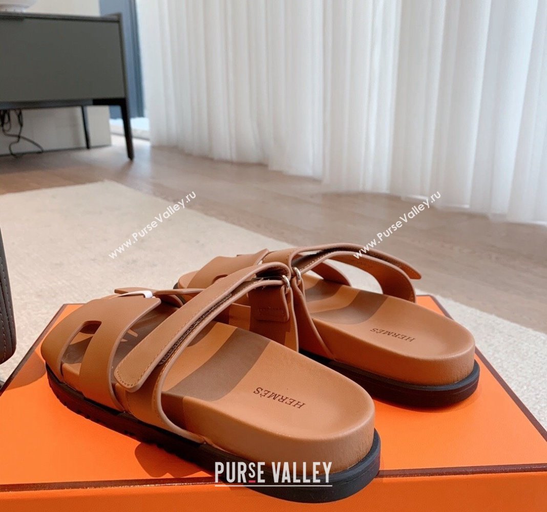 Hermes Chypre Flat Sandals in Smooth Calfskin Brown/Silver 2024 0425 (XC-240425175)